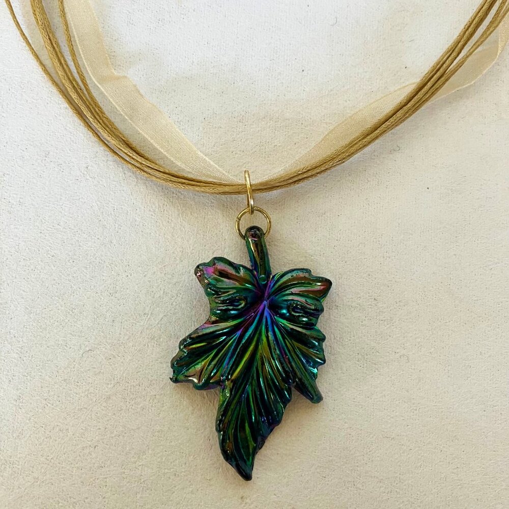 Green Purple Leaf Pendant Gold Organza Necklace Handmade One-Of-A-Kind New Gift